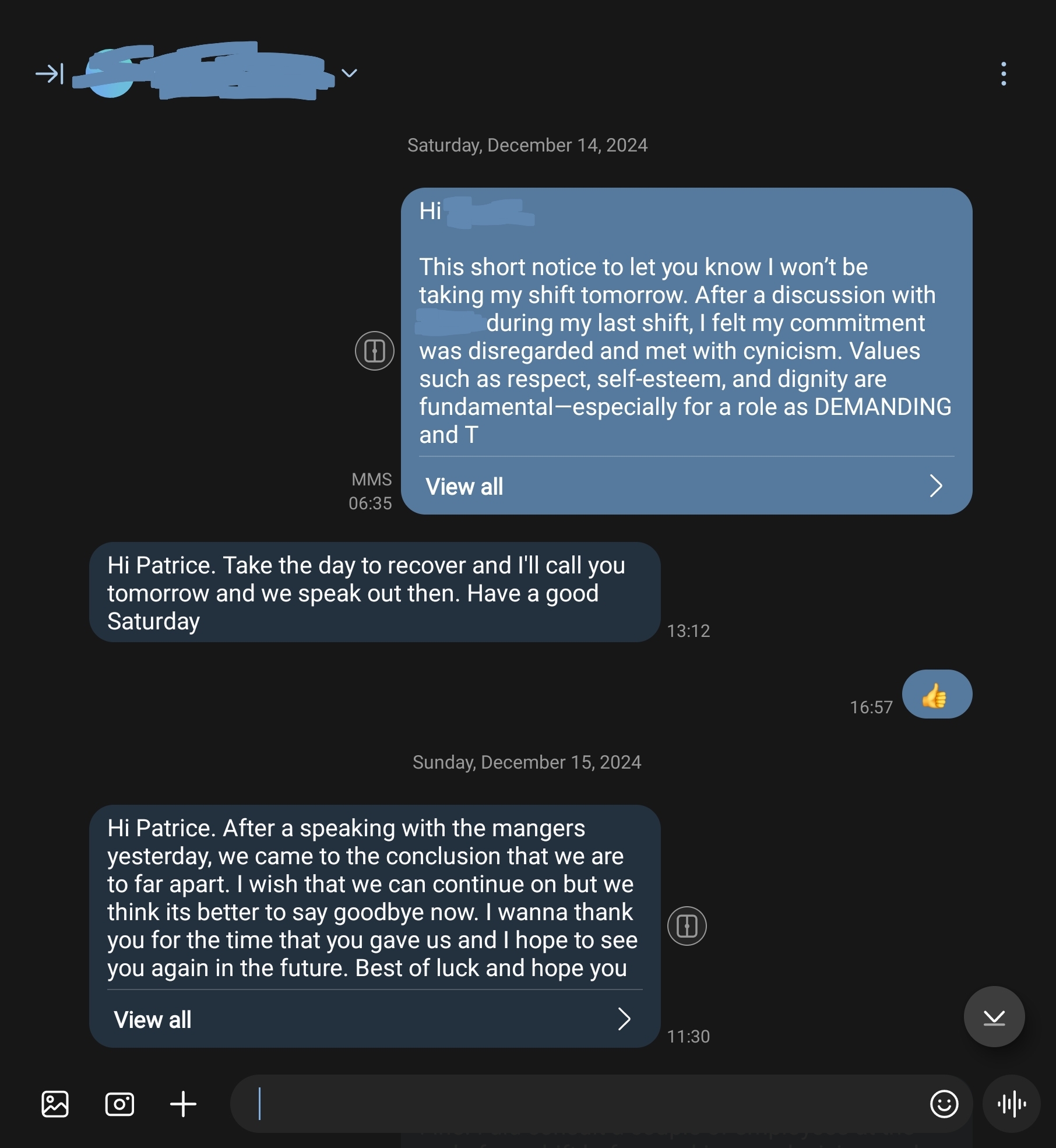 SMS termination screenshot